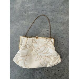 Vintage Satin Purse Ivory Embroidered Cream Silk Pearl Gold Handbag 8” x 6”